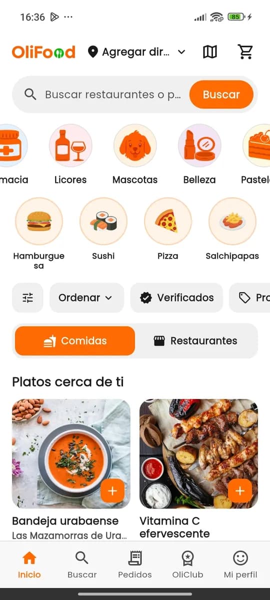 Pantalla de inicio de la app OliFood